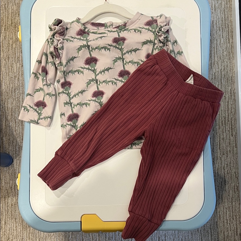 Kate Quinn thistle vine long sleeve double ruffle top and slim sport jogger rib